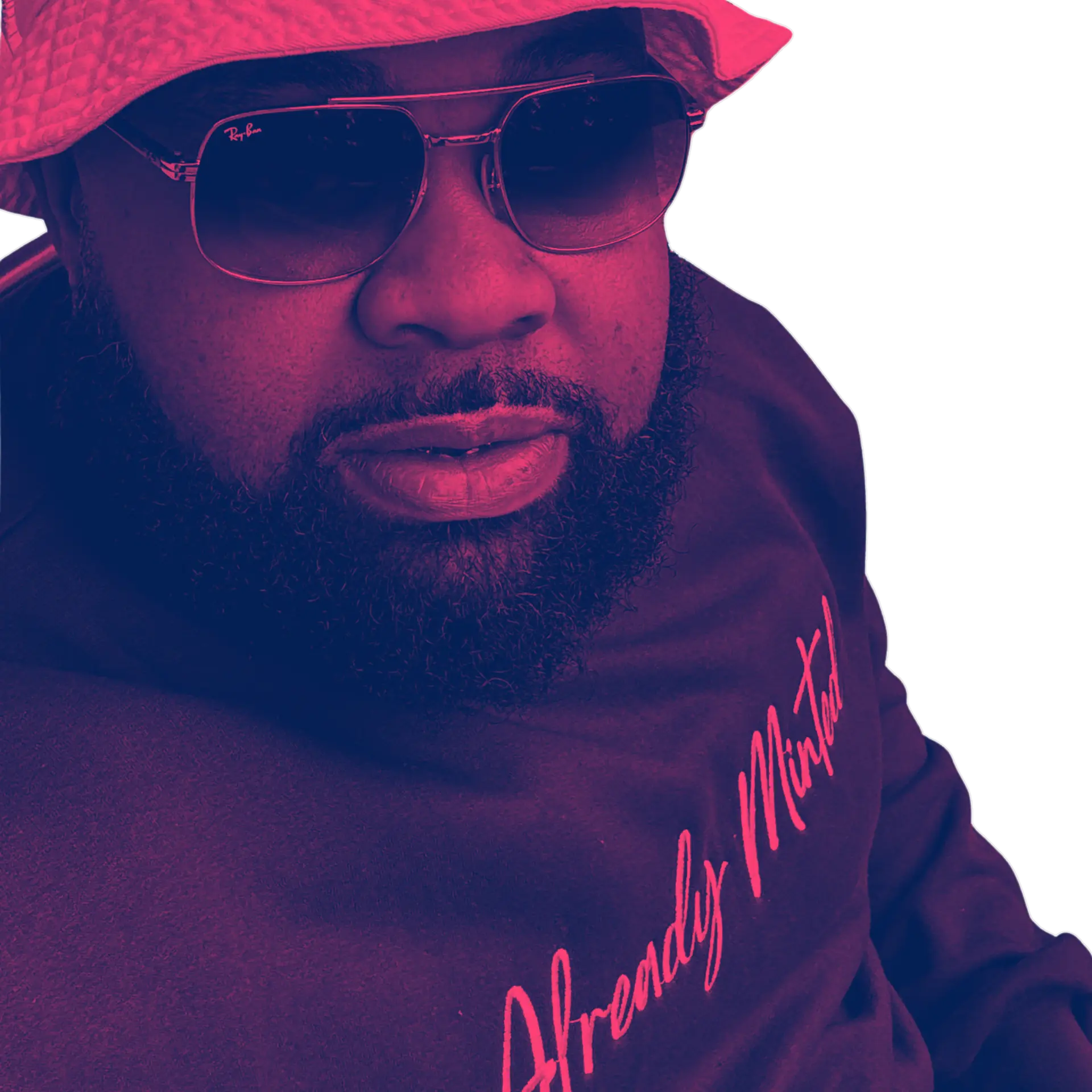 Sarasota Six in aviator sunglasses and a bucket hat, lit in magenta and indigo